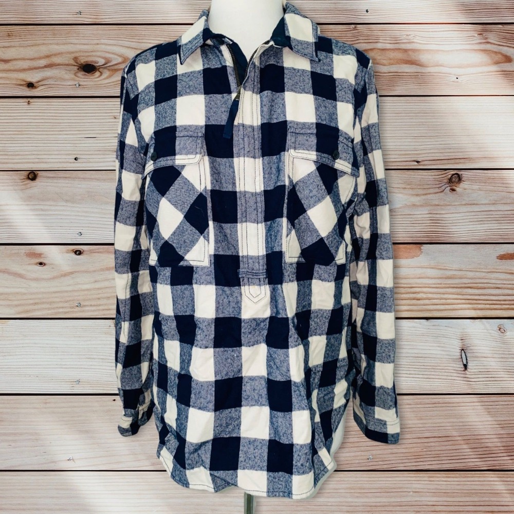 W2 J Crew Flannel Top buffalo check navy large wool pullover women shirt blouse
